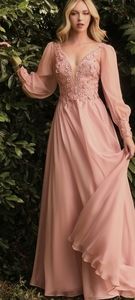 Mauve pink, smoky blue, rose gold, long sleeve chiffon lace applique gown